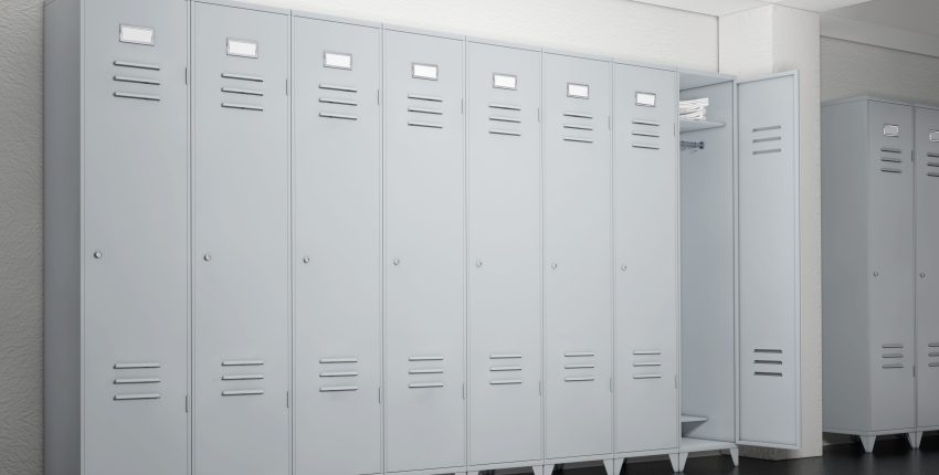 Grey Metal Lockers in Lockers Room extreme closeup. 3d Rendering.